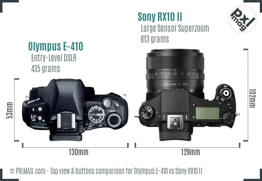 Olympus E-410 vs Sony RX10 II top view buttons comparison