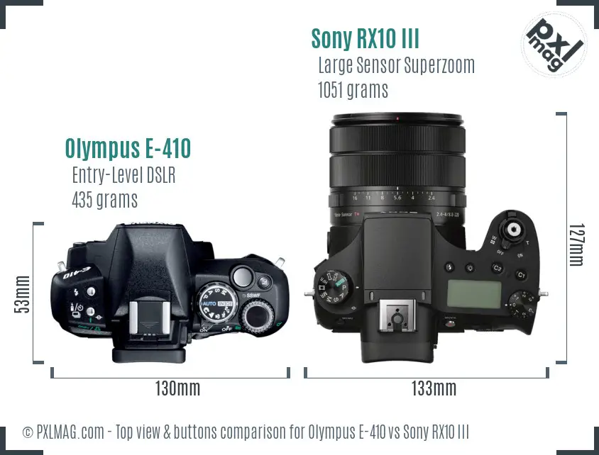 Olympus E-410 vs Sony RX10 III top view buttons comparison