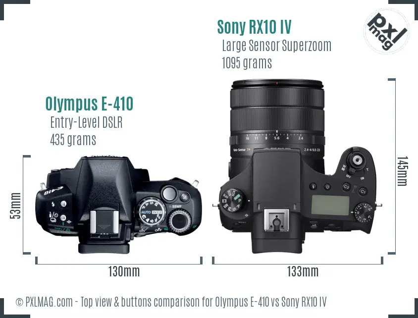 Olympus E-410 vs Sony RX10 IV top view buttons comparison