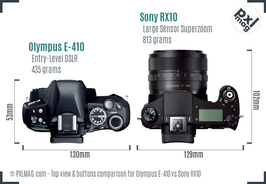 Olympus E-410 vs Sony RX10 top view buttons comparison