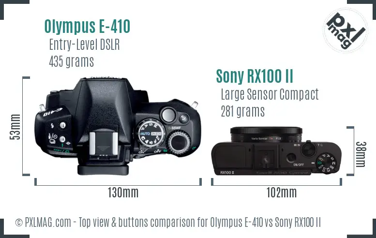 Olympus E-410 vs Sony RX100 II top view buttons comparison