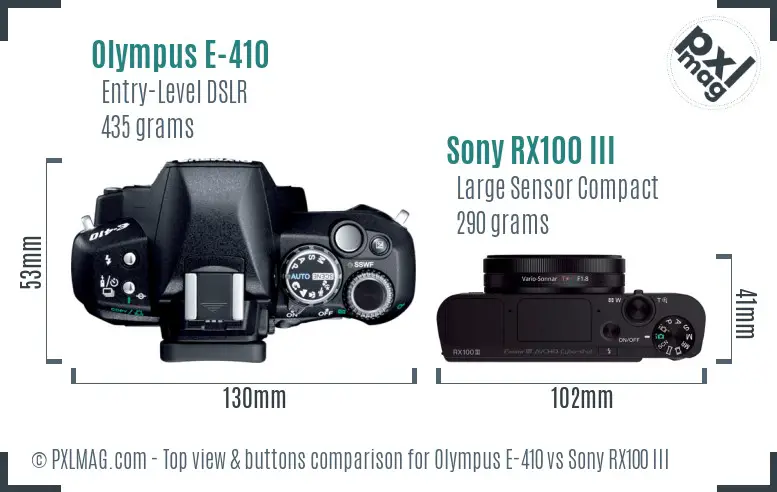 Olympus E-410 vs Sony RX100 III top view buttons comparison