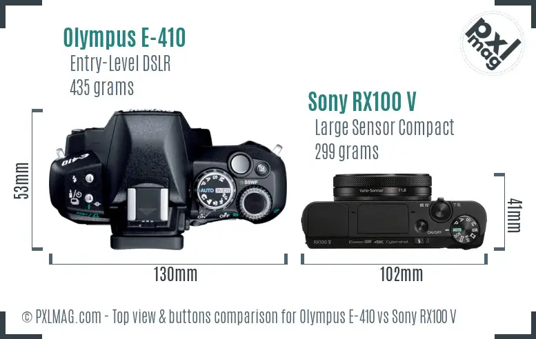 Olympus E-410 vs Sony RX100 V top view buttons comparison