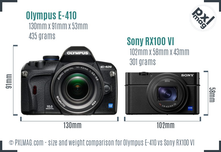 Olympus E-410 vs Sony RX100 VI size comparison Olympus E-410 vs Sony RX100 VI size comparison