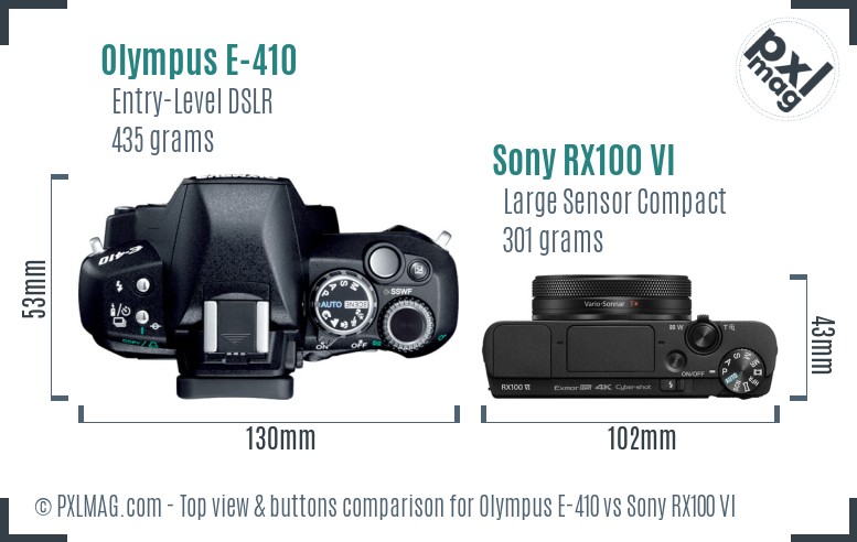 Olympus E-410 vs Sony RX100 VI top view buttons comparison