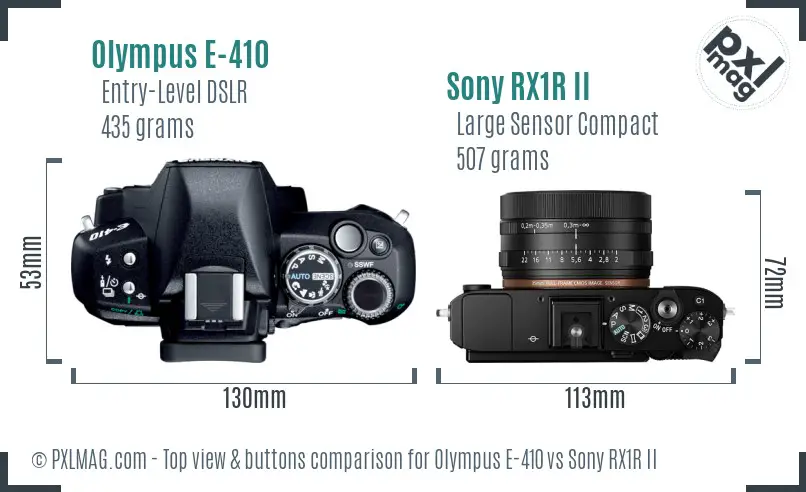 Olympus E-410 vs Sony RX1R II top view buttons comparison