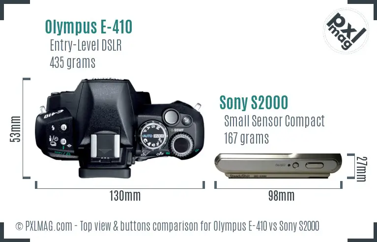 Olympus E-410 vs Sony S2000 top view buttons comparison