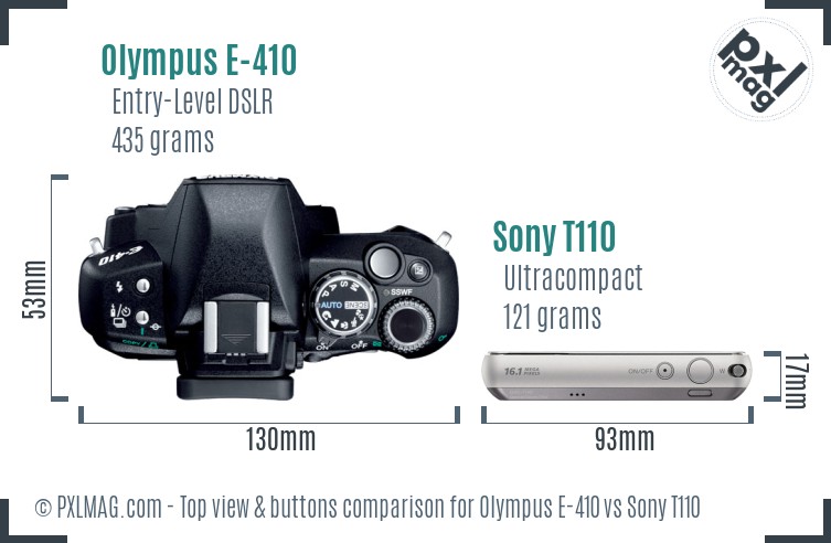 Olympus E-410 vs Sony T110 top view buttons comparison