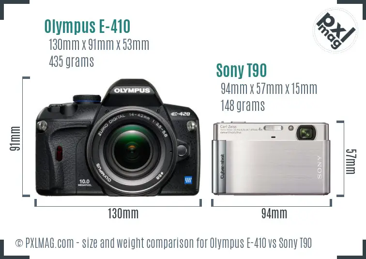 Olympus E-410 vs Sony T90 size comparison