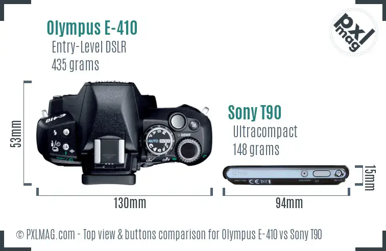 Olympus E-410 vs Sony T90 top view buttons comparison