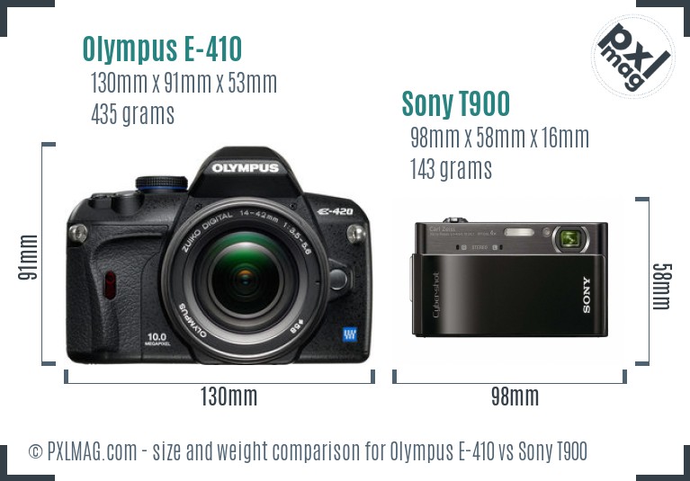 Olympus E-410 vs Sony T900 size comparison