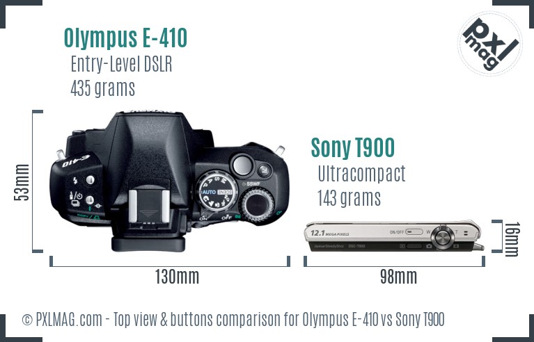 Olympus E-410 vs Sony T900 top view buttons comparison