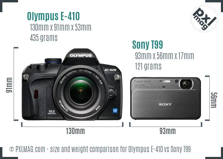 Olympus E-410 vs Sony T99 size comparison