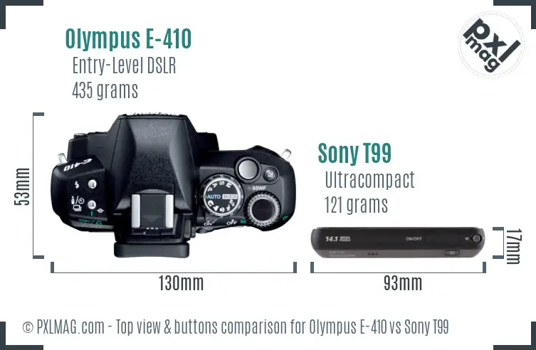 Olympus E-410 vs Sony T99 top view buttons comparison