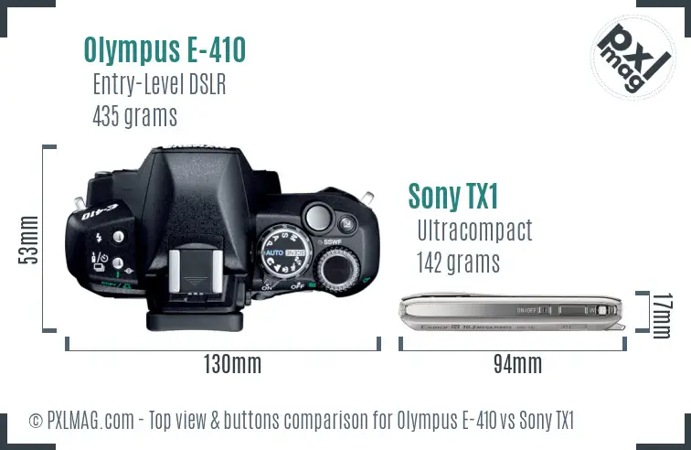 Olympus E-410 vs Sony TX1 top view buttons comparison