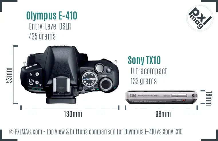 Olympus E-410 vs Sony TX10 top view buttons comparison