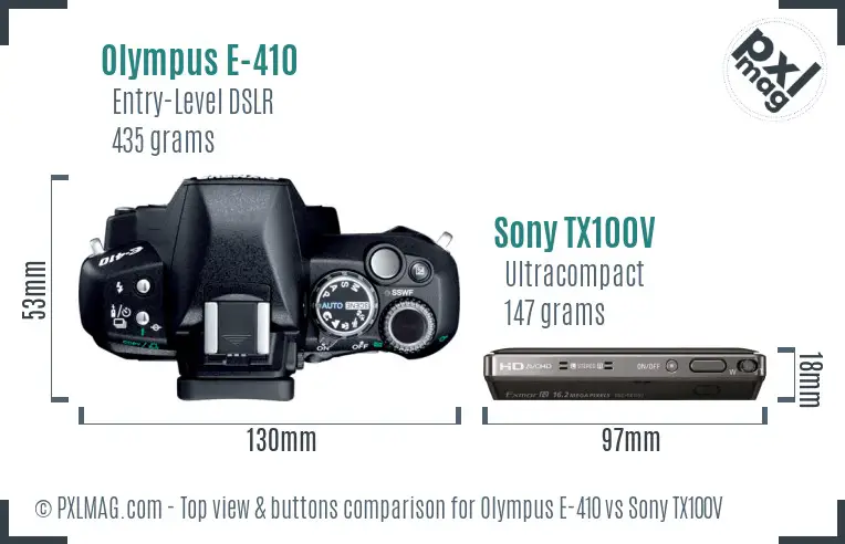 Olympus E-410 vs Sony TX100V top view buttons comparison Olympus E-410 vs Sony TX100V top view buttons comparison