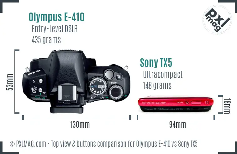Olympus E-410 vs Sony TX5 top view buttons comparison