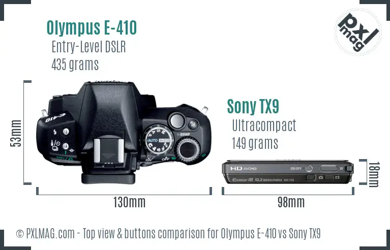 Olympus E-410 vs Sony TX9 top view buttons comparison