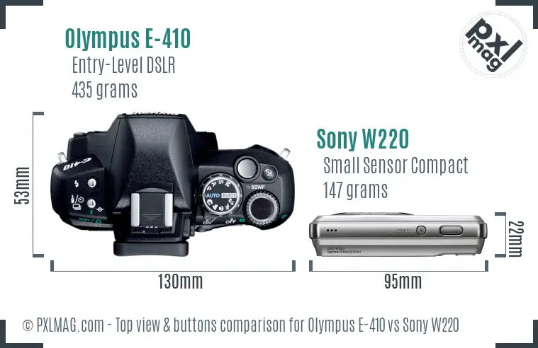 Olympus E-410 vs Sony W220 top view buttons comparison