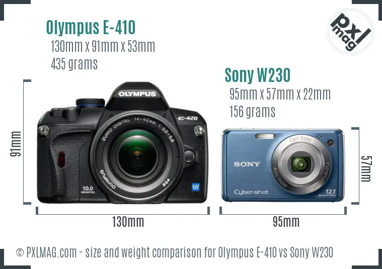 Olympus E-410 vs Sony W230 size comparison