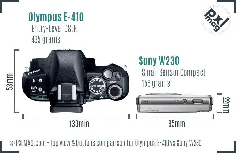 Olympus E-410 vs Sony W230 top view buttons comparison
