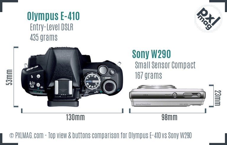 Olympus E-410 vs Sony W290 top view buttons comparison