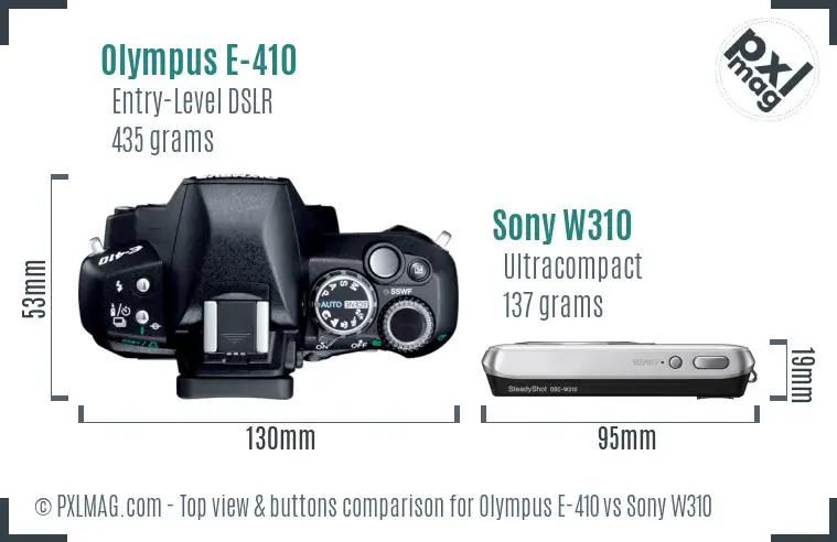 Olympus E-410 vs Sony W310 top view buttons comparison Olympus E-410 vs Sony W310 top view buttons comparison