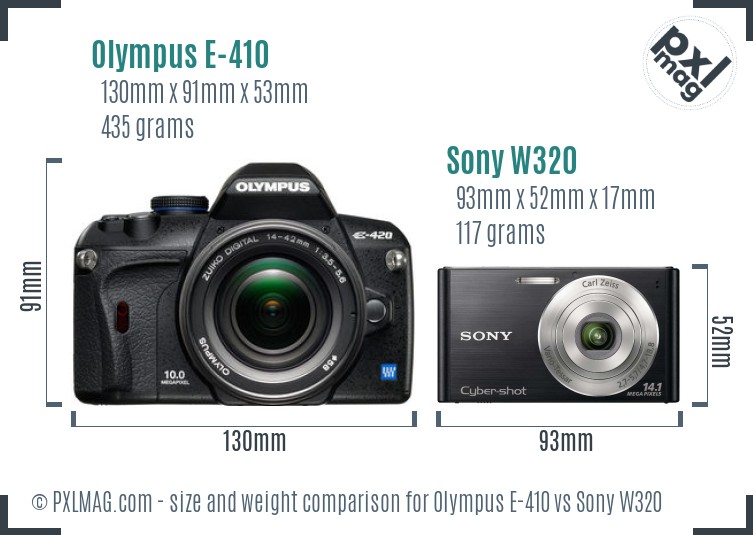 Olympus E-410 vs Sony W320 size comparison