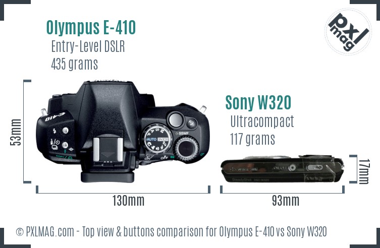 Olympus E-410 vs Sony W320 top view buttons comparison