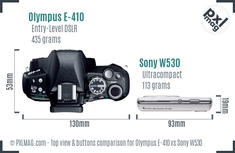 Olympus E-410 vs Sony W530 top view buttons comparison
