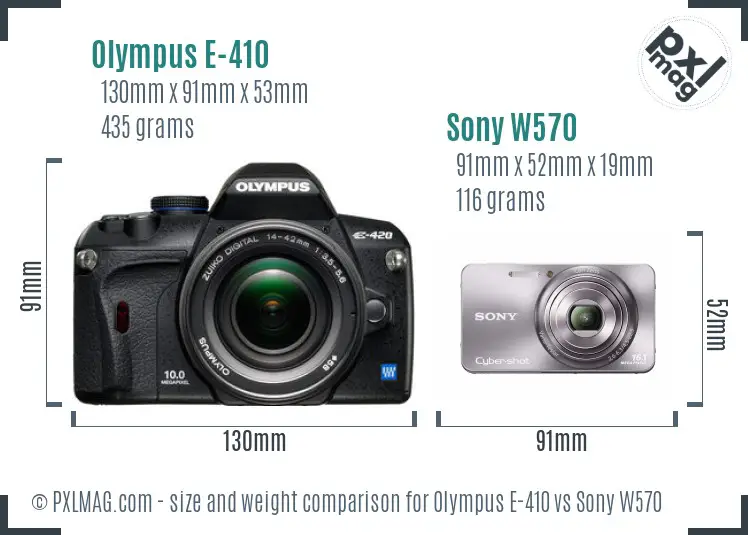 Olympus E-410 vs Sony W570 size comparison