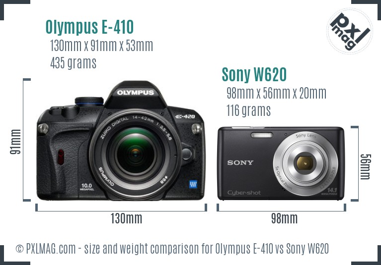 Olympus E-410 vs Sony W620 size comparison