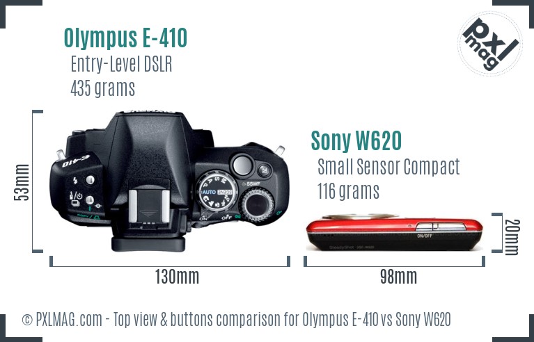 Olympus E-410 vs Sony W620 top view buttons comparison
