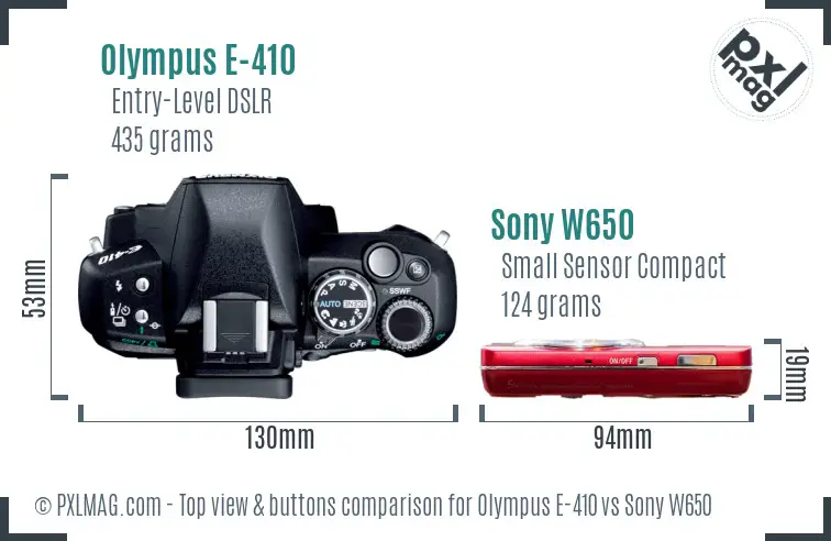 Olympus E-410 vs Sony W650 top view buttons comparison