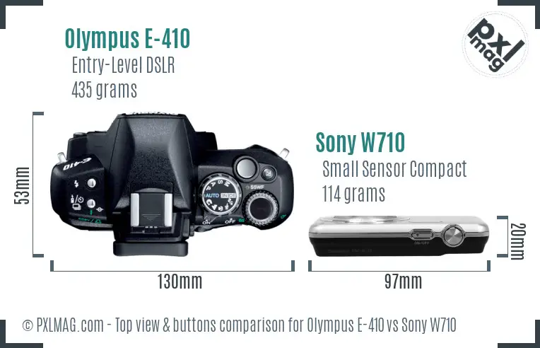 Olympus E-410 vs Sony W710 top view buttons comparison