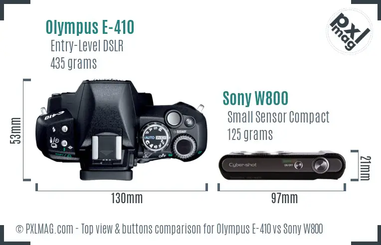 Olympus E-410 vs Sony W800 top view buttons comparison