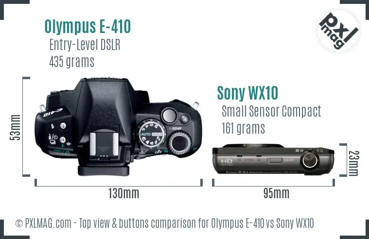 Olympus E-410 vs Sony WX10 top view buttons comparison