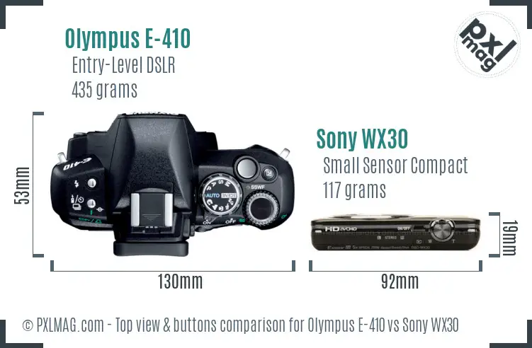 Olympus E-410 vs Sony WX30 top view buttons comparison