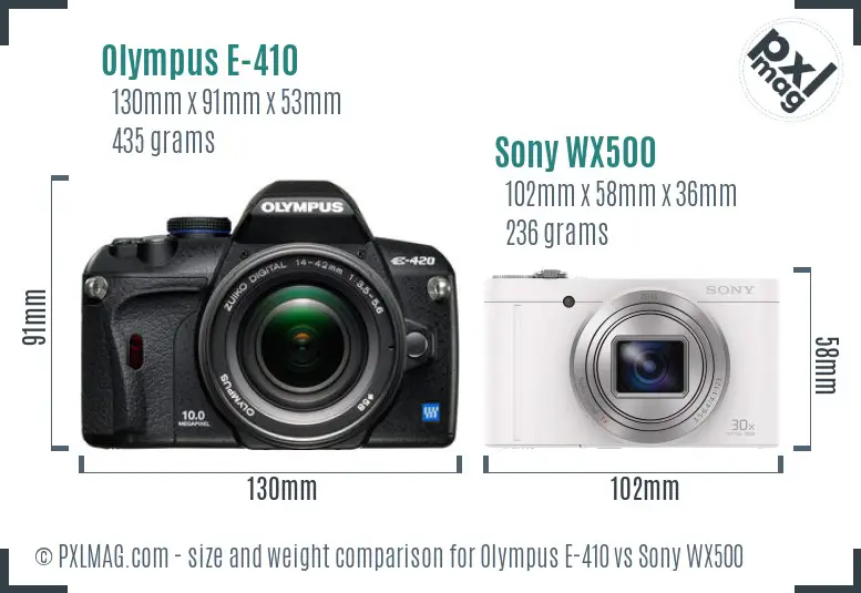 Olympus E-410 vs Sony WX500 size comparison Olympus E-410 vs Sony WX500 size comparison
