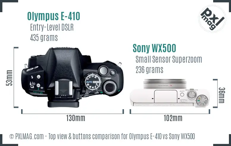 Olympus E-410 vs Sony WX500 top view buttons comparison Olympus E-410 vs Sony WX500 top view buttons comparison