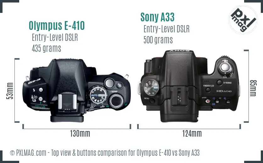 Olympus E-410 vs Sony A33 top view buttons comparison