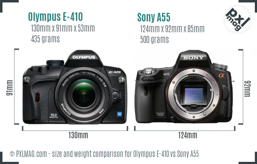 Olympus E-410 vs Sony A55 size comparison Olympus E-410 vs Sony A55 size comparison