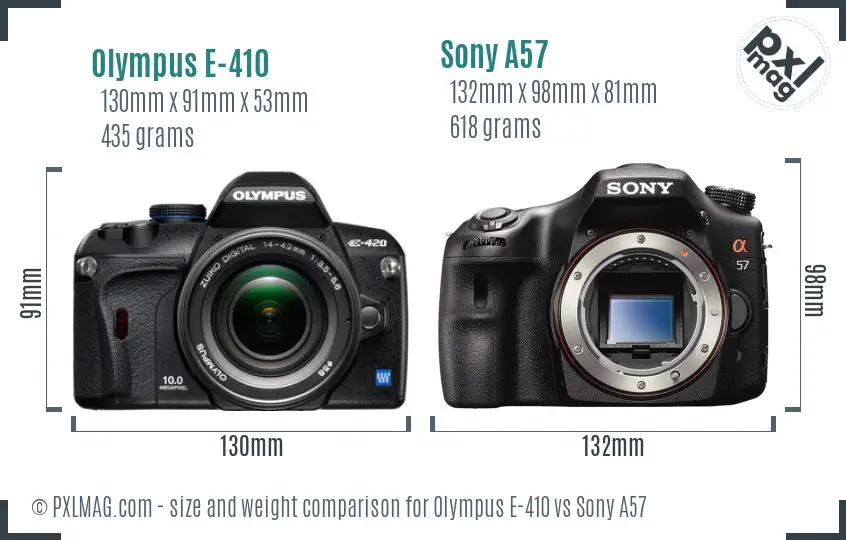 Olympus E-410 vs Sony A57 size comparison