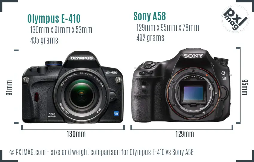 Olympus E-410 vs Sony A58 size comparison