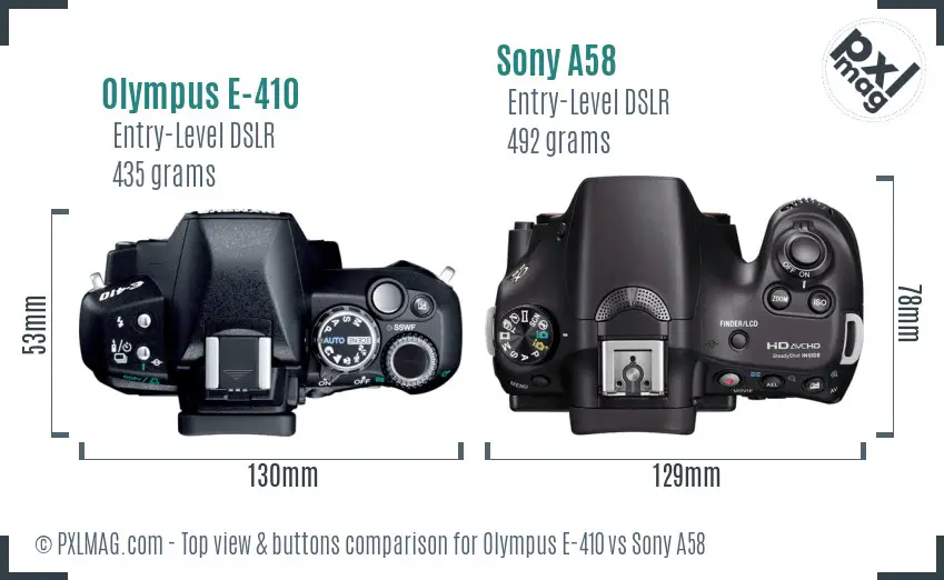 Olympus E-410 vs Sony A58 top view buttons comparison