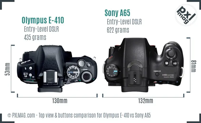 Olympus E-410 vs Sony A65 top view buttons comparison
