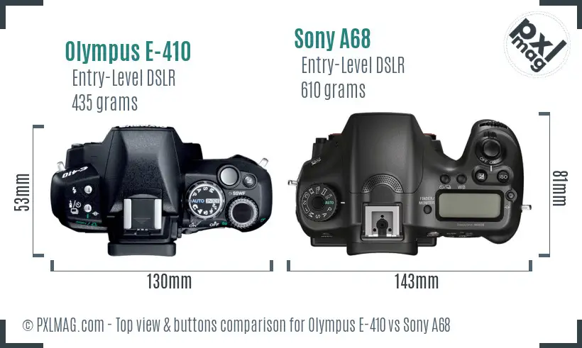 Olympus E-410 vs Sony A68 top view buttons comparison