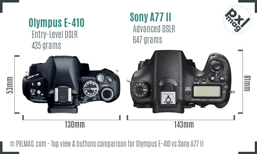 Olympus E-410 vs Sony A77 II top view buttons comparison