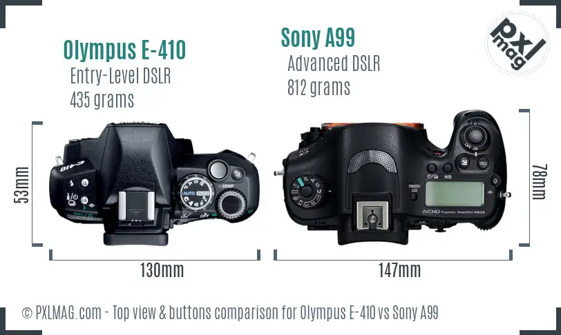 Olympus E-410 vs Sony A99 top view buttons comparison Olympus E-410 vs Sony A99 top view buttons comparison